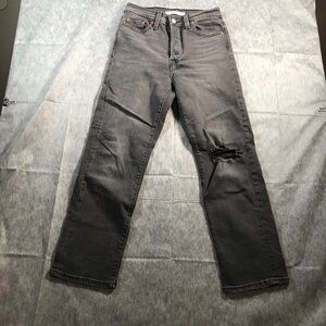 Levi's Wedgie Straight 26 High-Rise Black Straight Jeans with Distress Knee Rip